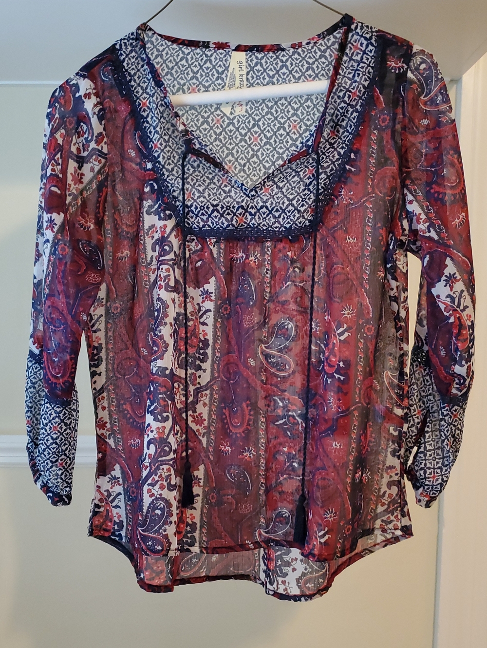 girl krazy Semi-Sheer Paisley Blouse in Burgundy and Navy